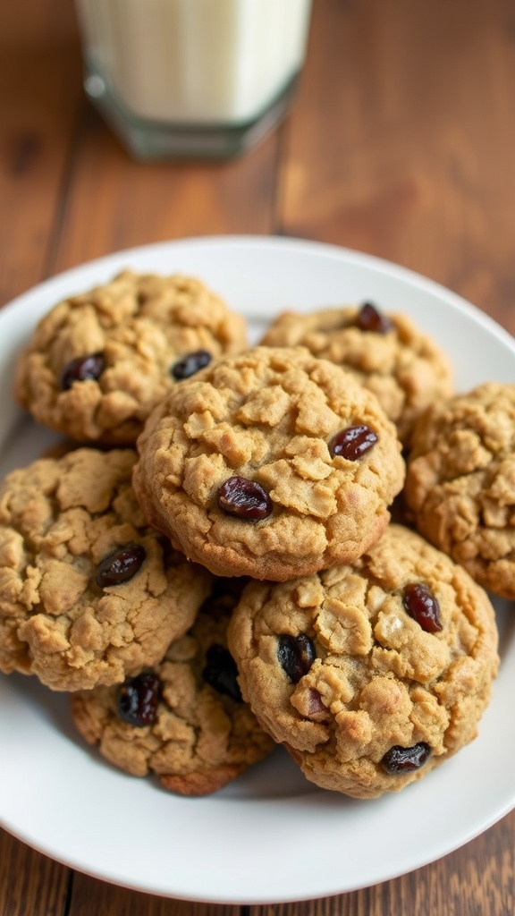 Plate of chewy oatmeal raisin cookies with a glass of milk on a wooden table.